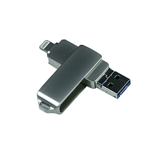 USB-флешка на 128 Гб, интерфейс USB3.0, поворотный механизм,c дополнительными разъемами для I-phone Lightning и Micro USB,  полностью металлический корпус, серебро