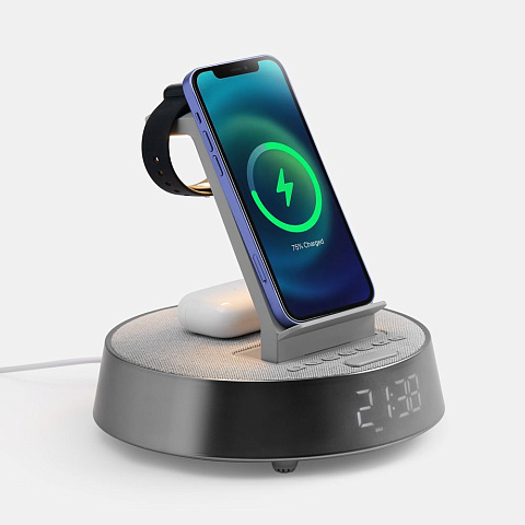 Bluetooth-колонка с беспроводной зарядкой и часами netEnergy, серая - рис 2.