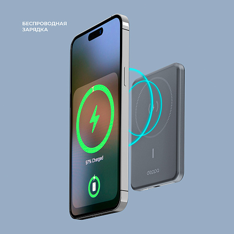 Внешний АКБ NRG MageSafe Alum 5000 мА-ч, 15Вт QI, серый, Deppa - рис 4.