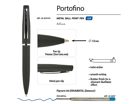 Ручка Portofino шариковая  автоматическая, черный металлический корпус, 1,0 мм, синяя - рис 3.