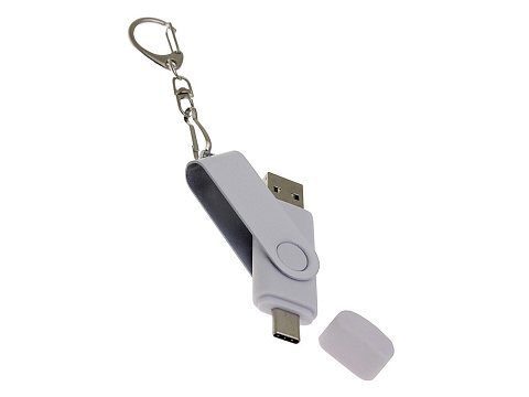 USB-флешка на 64 Гб 2 в 1 поворотный механизм, c дополнительным разъемом Type-C с одноцветным металлическим клипом, белый - рис 4.
