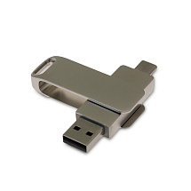 USB 2.0- флешка на 16 Гб поворотный механизм 2 в 1, c дополнительным разъемом Type-C с одноцветным металлическим клипом, серый