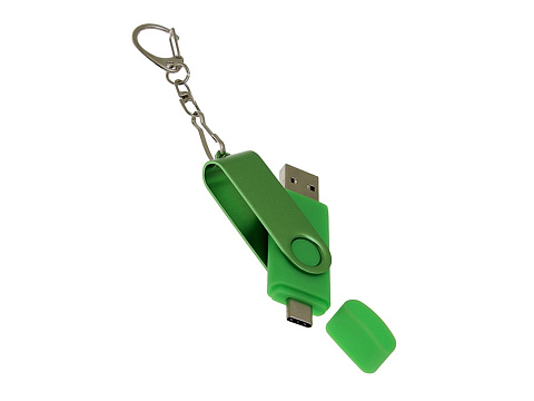 USB-флешка на 64 Гб 2 в 1 поворотный механизм, c дополнительным разъемом Type-C с одноцветным металлическим клипом, зеленый - рис 4.