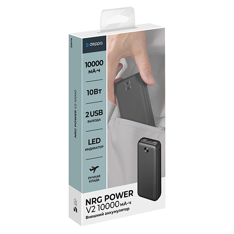 Внешний АКБ NRG Power V2 10000 мА-ч, 2A, 2xUSB, черный, Deppa - рис 5.