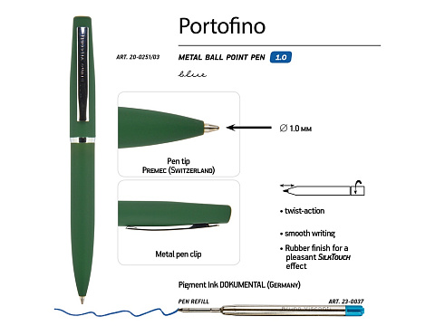 Ручка "Portofino" шариковая  автоматическая, зеленый металлический корпус, 1.0 мм, синяя - рис 3.