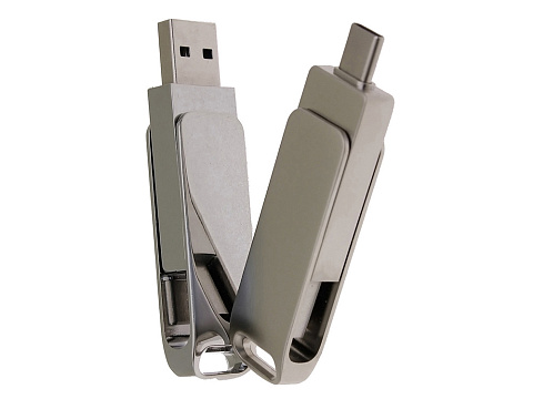USB 3.0- флешка на 64 Гб поворотный механизм 2 в 1, c дополнительным разъемом Type-C с одноцветным металлическим клипом, серый - рис 5.