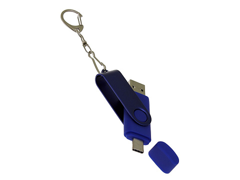 USB-флешка на 64 Гб 2 в 1 поворотный механизм, c дополнительным разъемом Type-C с одноцветным металлическим клипом, синий - рис 4.